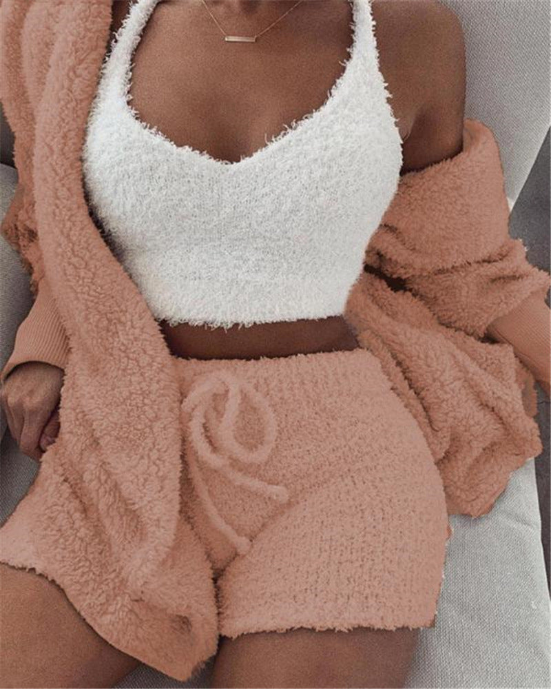 3-Piece Velvet Pajama Set for Women - Crop Top, Long Sleeve & Shorts Loungewear