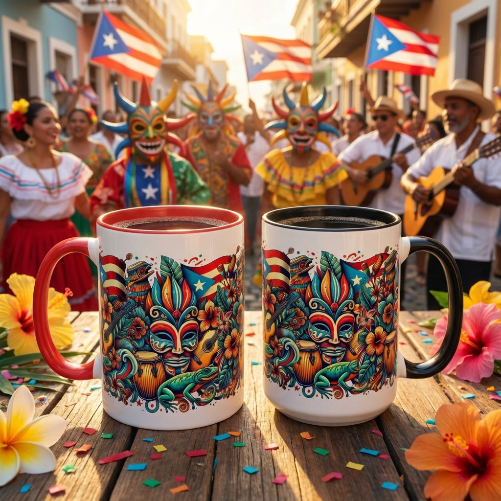 Two colorful mugs with intricate designs on a wooden table in front of a lively street scene with people and flags.