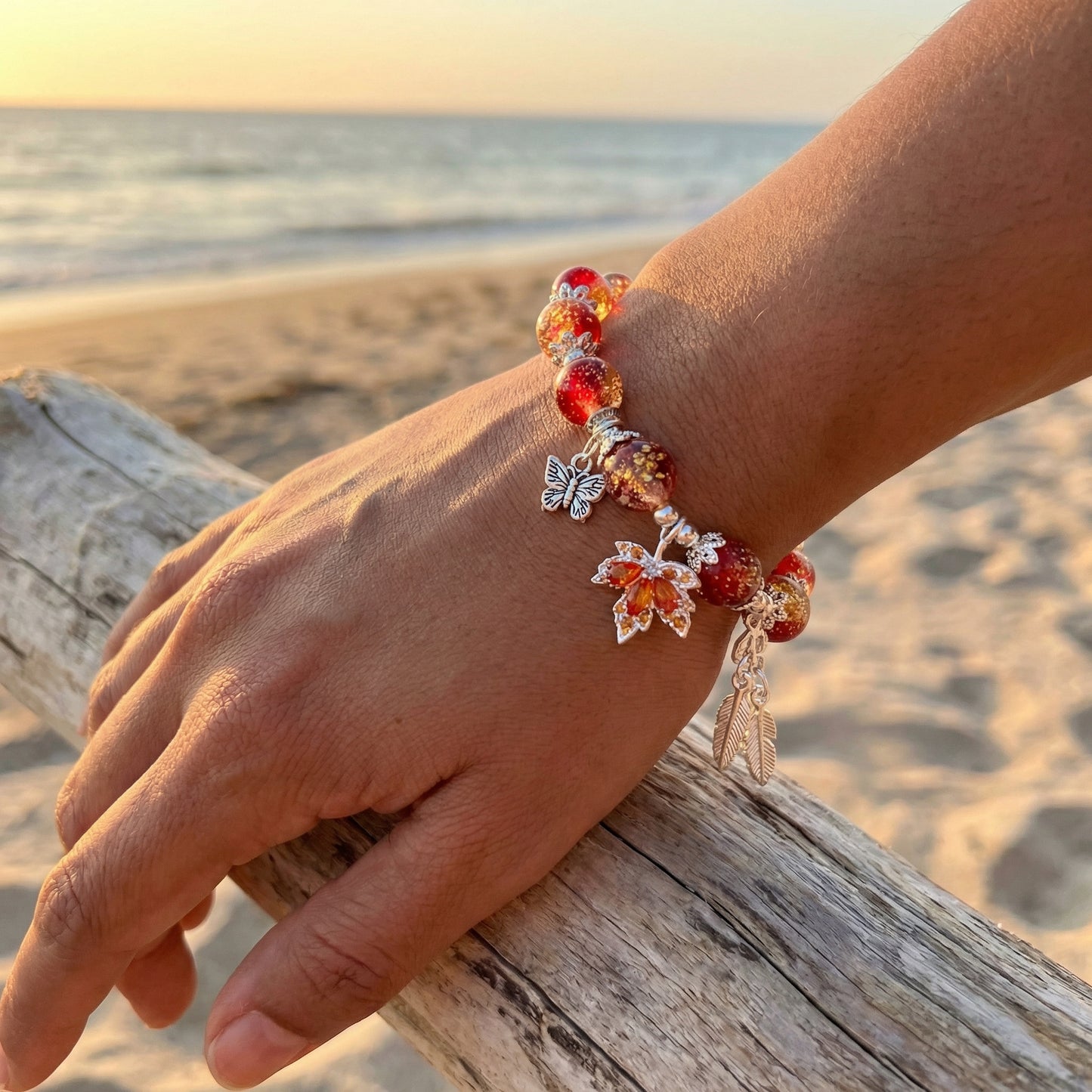 Red Crystal Maple Leaf Bracelet - Butterfly Feather Charm Beaded Friendship Bracelet for Women