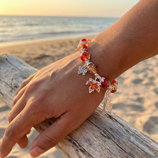 Red Crystal Maple Leaf Bracelet - Butterfly Feather Charm Beaded Friendship Bracelet for Women