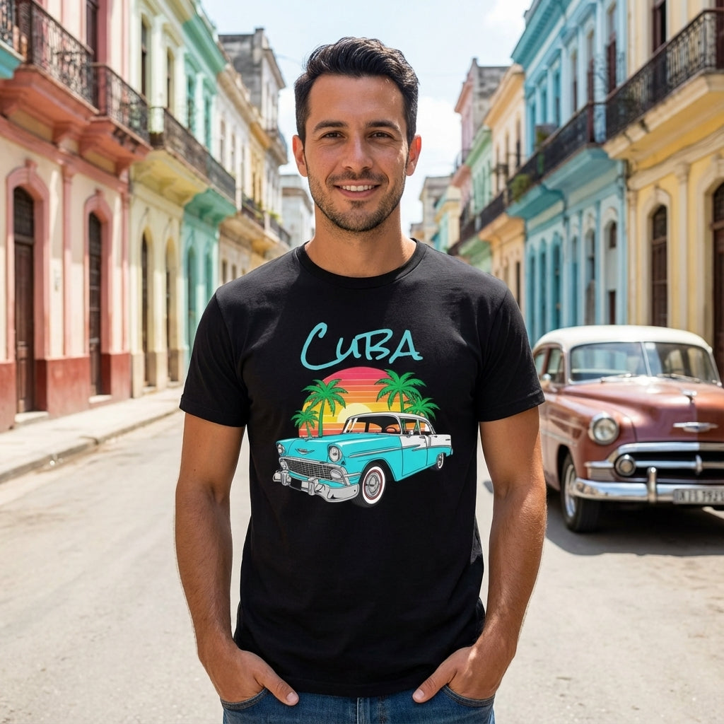 Man wearing a black t-shirt with a 'Cuba' design, standing on a colorful street.