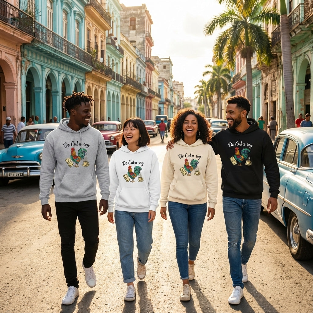 Four people walking down a colorful street in a tropical location, wearing hoodies with rooster designs.