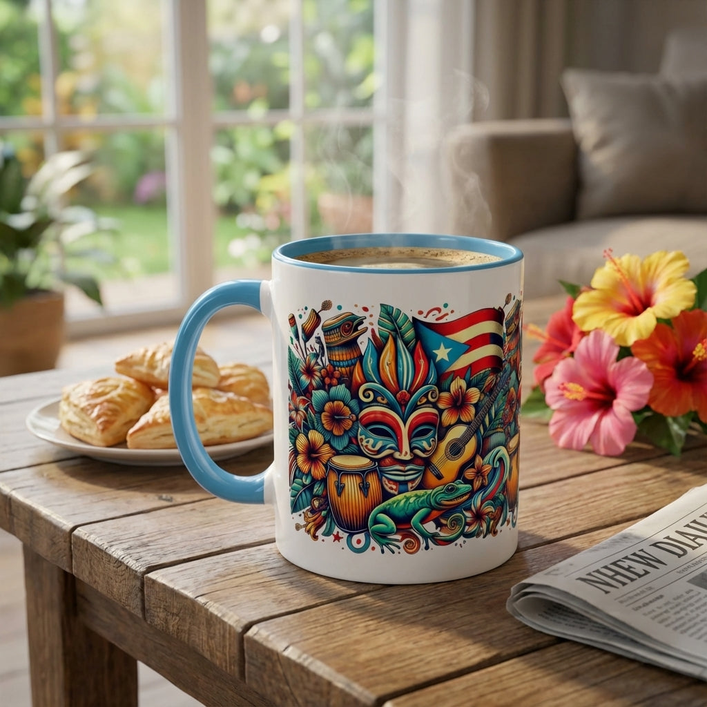 Colorful mug with a design on a wooden table with pastries and flowers