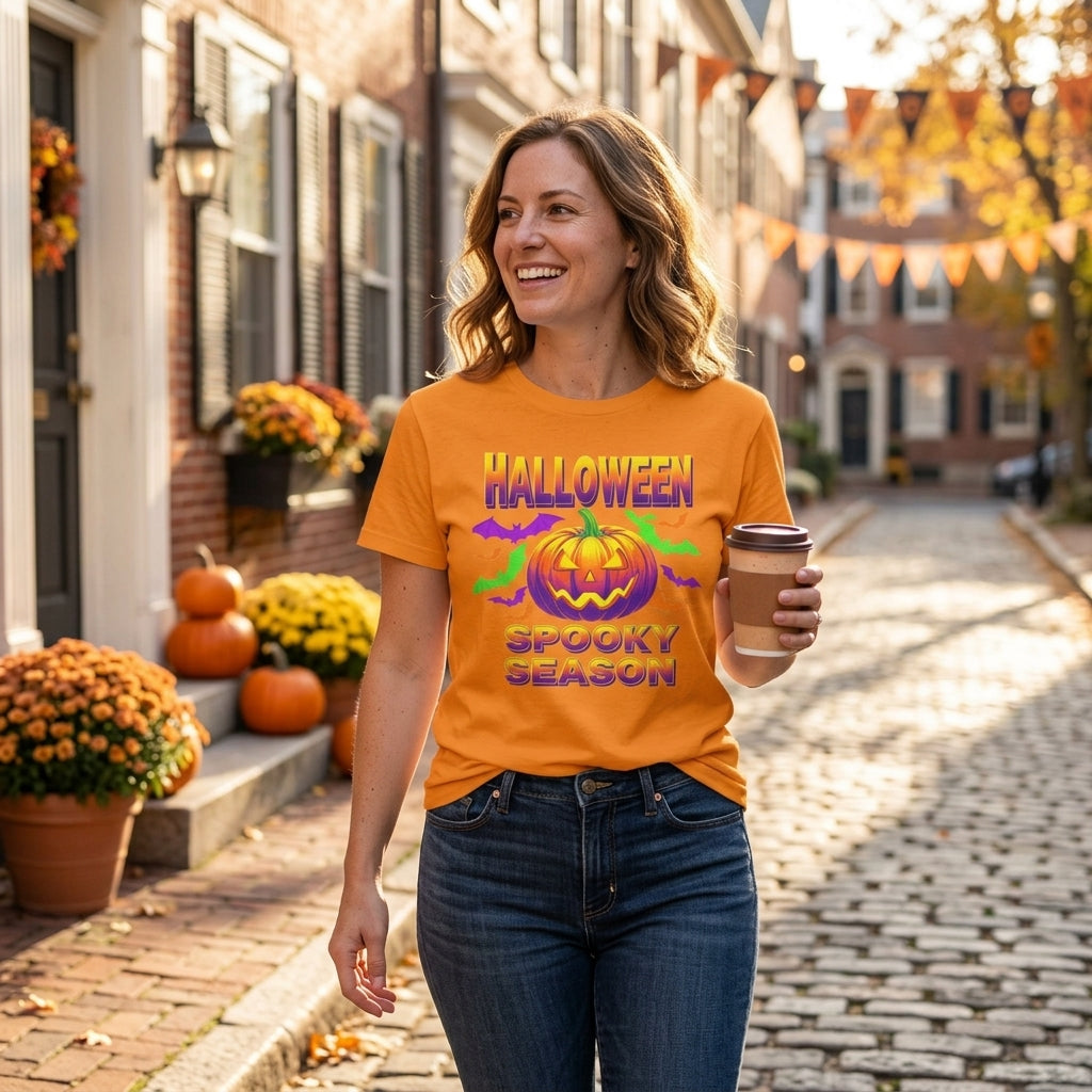 A woman walking down a cobblestone street wearing an orange graphic t-shirt that reads 'HALLOWEEN SPOKY SEASON' with a jack-o'-lantern and colorful bats. The background shows a cozy autumn street with pumpkins, flowers, and hanging bunting.