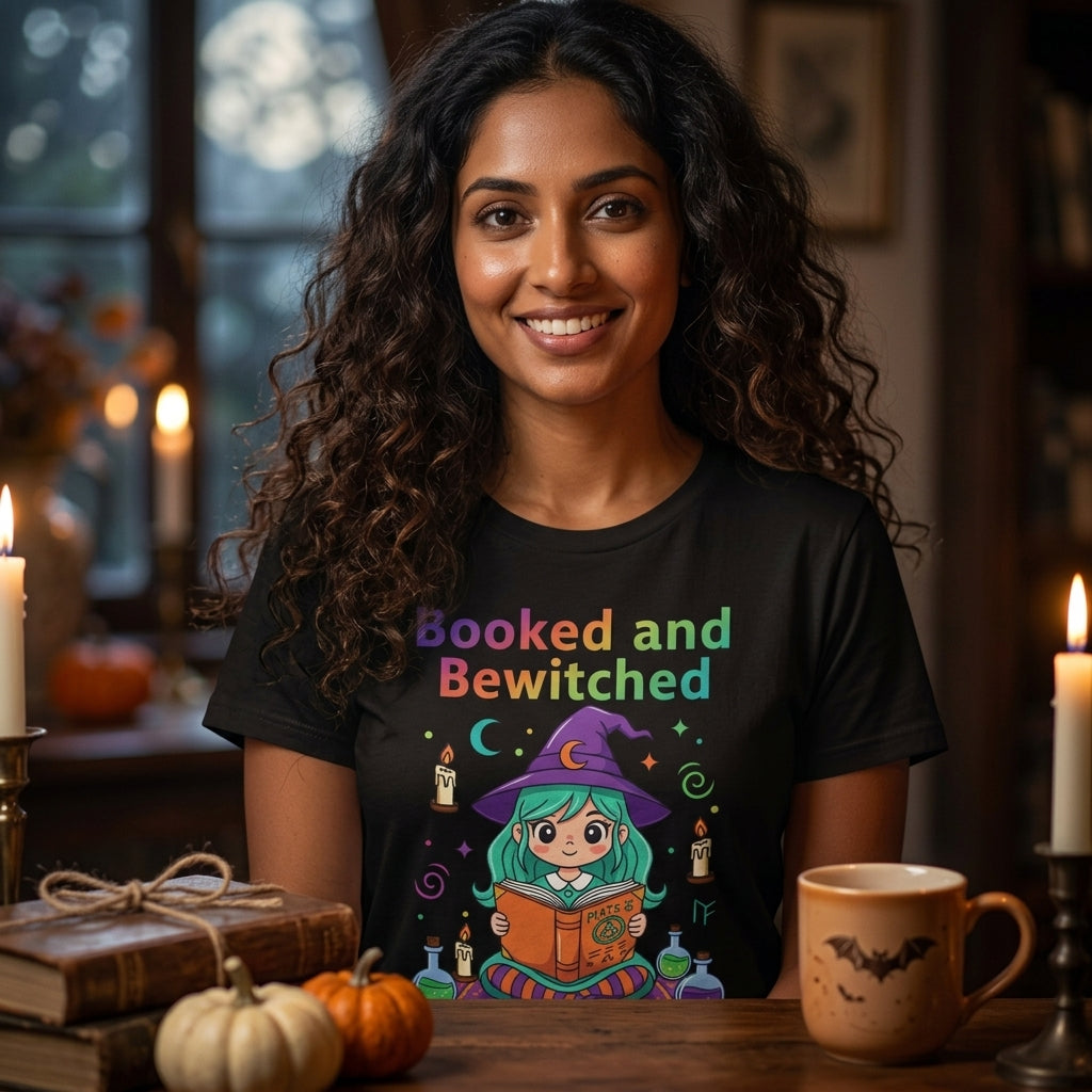 Booked and Bewitched T-Shirt | Witch Book Lover Halloween Graphic Tee