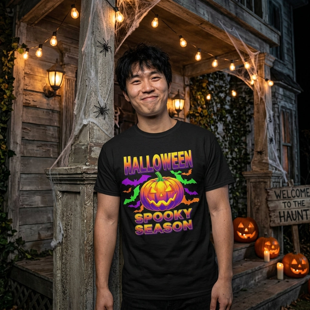 Retro Halloween T-Shirt | Neon Pumpkin & Bats 'Spooky Season' Tee | 80s/90s Style