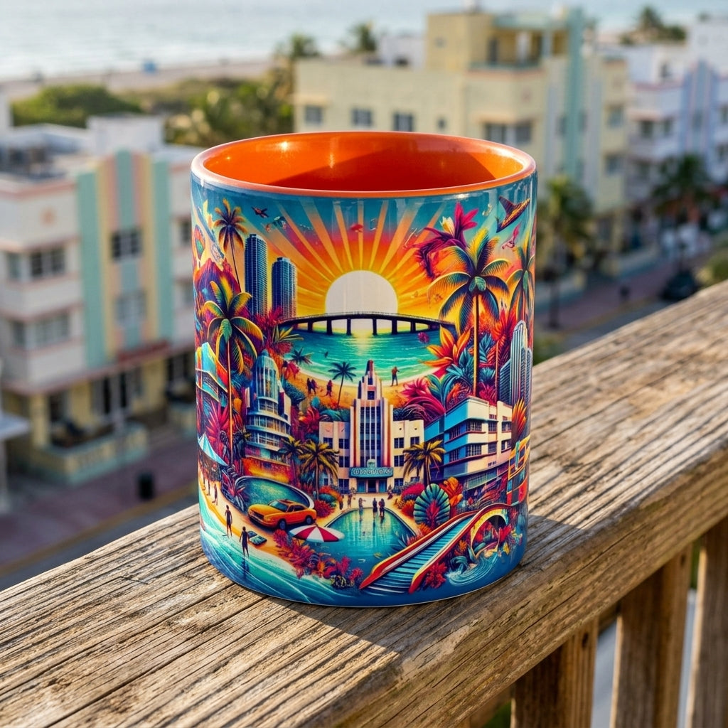 A colorful ceramic mug with a vibrant Miami Beach sunset illustration sits on a wooden balcony railing with a blurred beachfront city background.