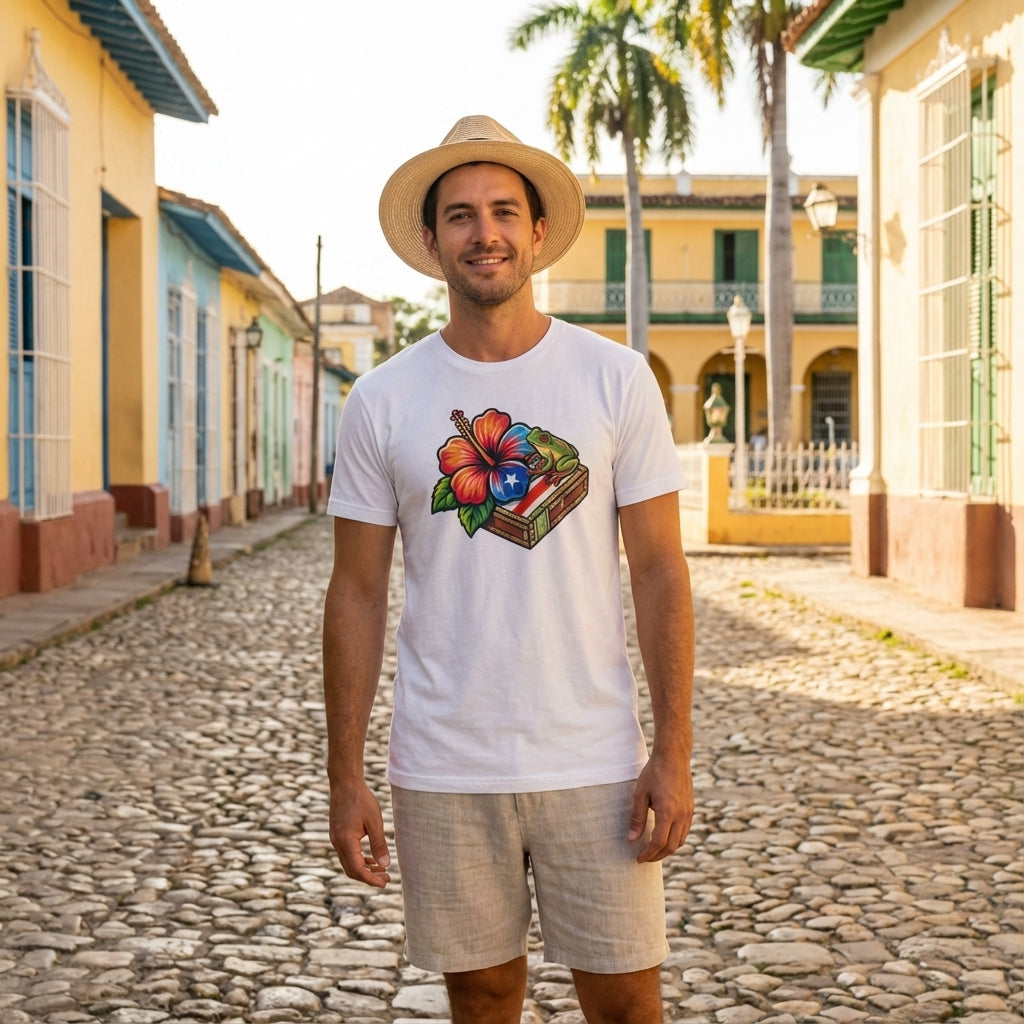 Man wearing a white t-shirt with a colorful design on a cobblestone street.
