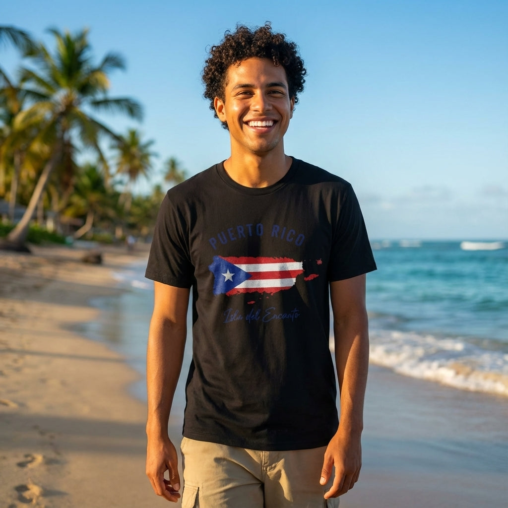 Man wearing a black t-shirt with a Puerto Rico design on a beach