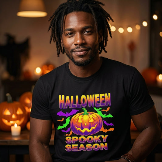 Retro Halloween T-Shirt | Neon Pumpkin & Bats 'Spooky Season' Tee | 80s/90s Style