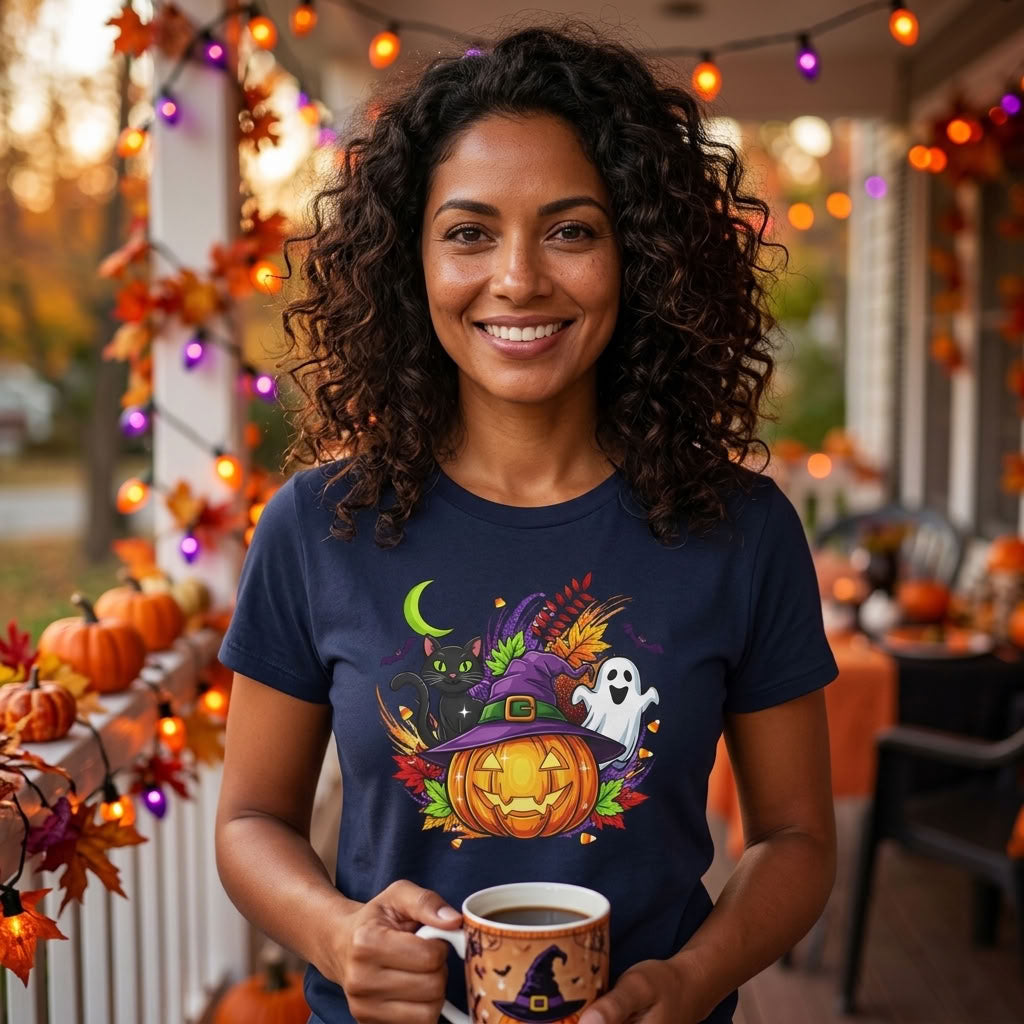 Halloween Graphic T-Shirt | Witch Hat Pumpkin Black Cat Ghost Spooky Tee