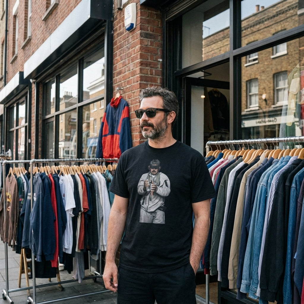 Man wearing a black t-shirt with a graphic design standing in front of a clothing store with racks of clothes.