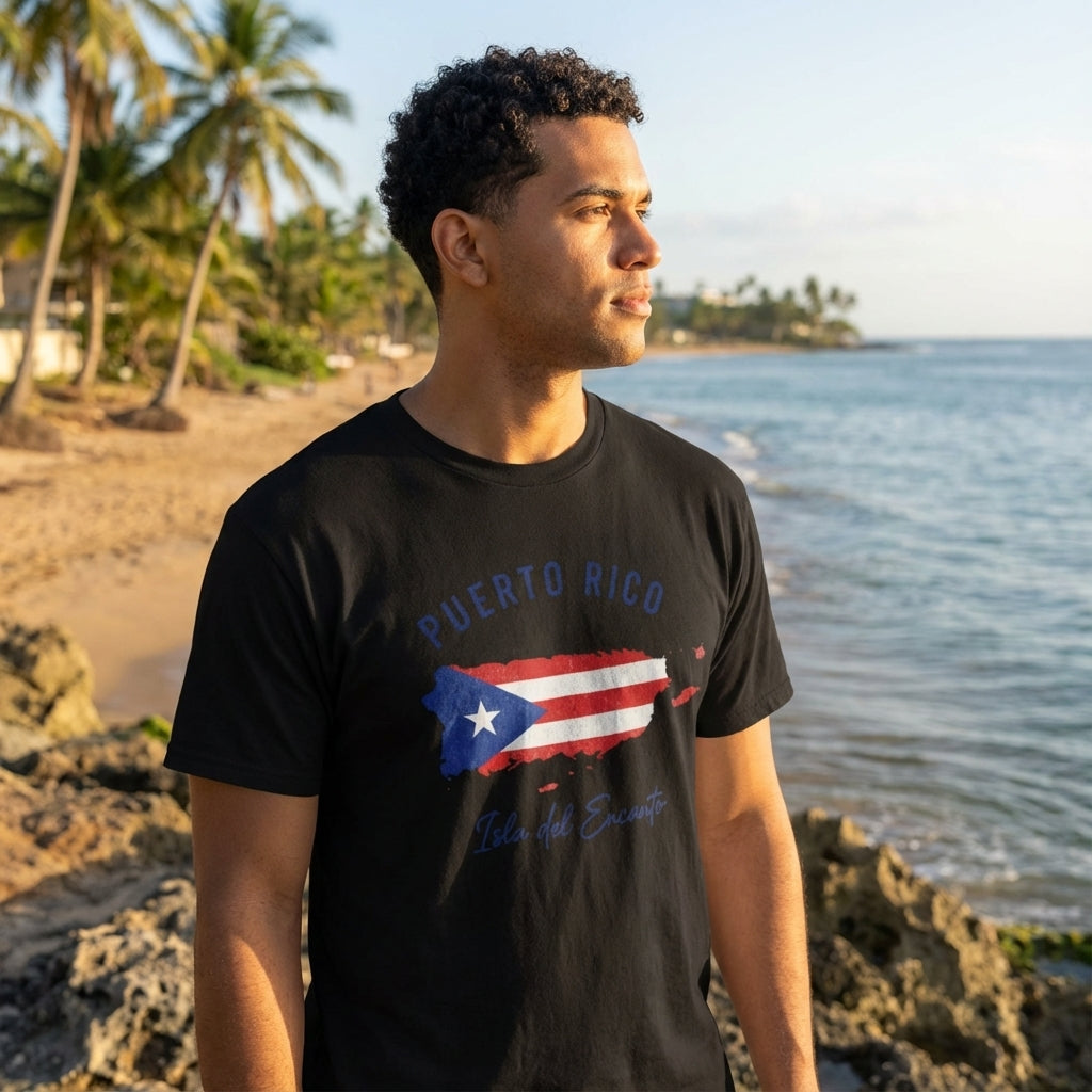 Man wearing a black t-shirt with Puerto Rico design on a beach
