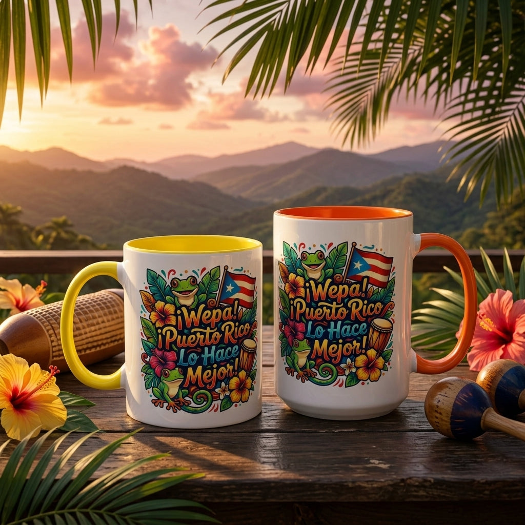 Wepa! Puerto Rico Lo Hace Mejor Accent Coffee Mug | Puerto Rican Flag, Coquí, Floral Design