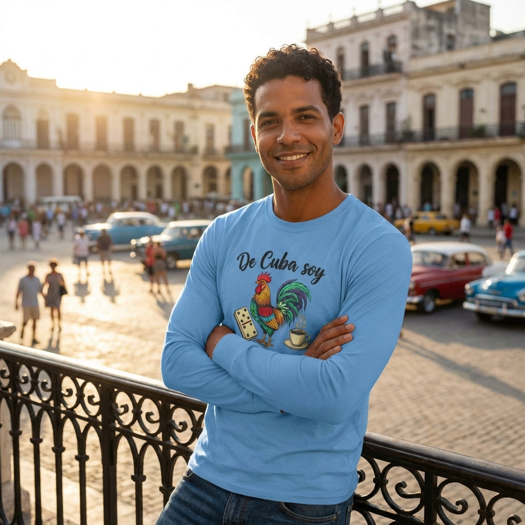 Man wearing a blue shirt with a rooster design in an urban setting