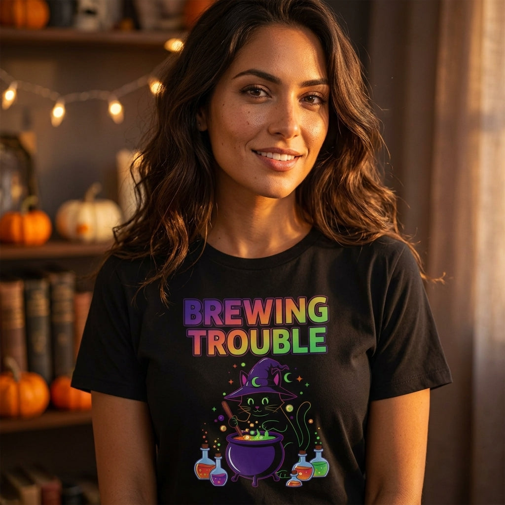 A woman wearing a black graphic t-shirt with a colorful 'BREWING TROUBLE' design featuring a witch cat and cauldron, set against a warm, cozy autumn background with pumpkins and string lights.