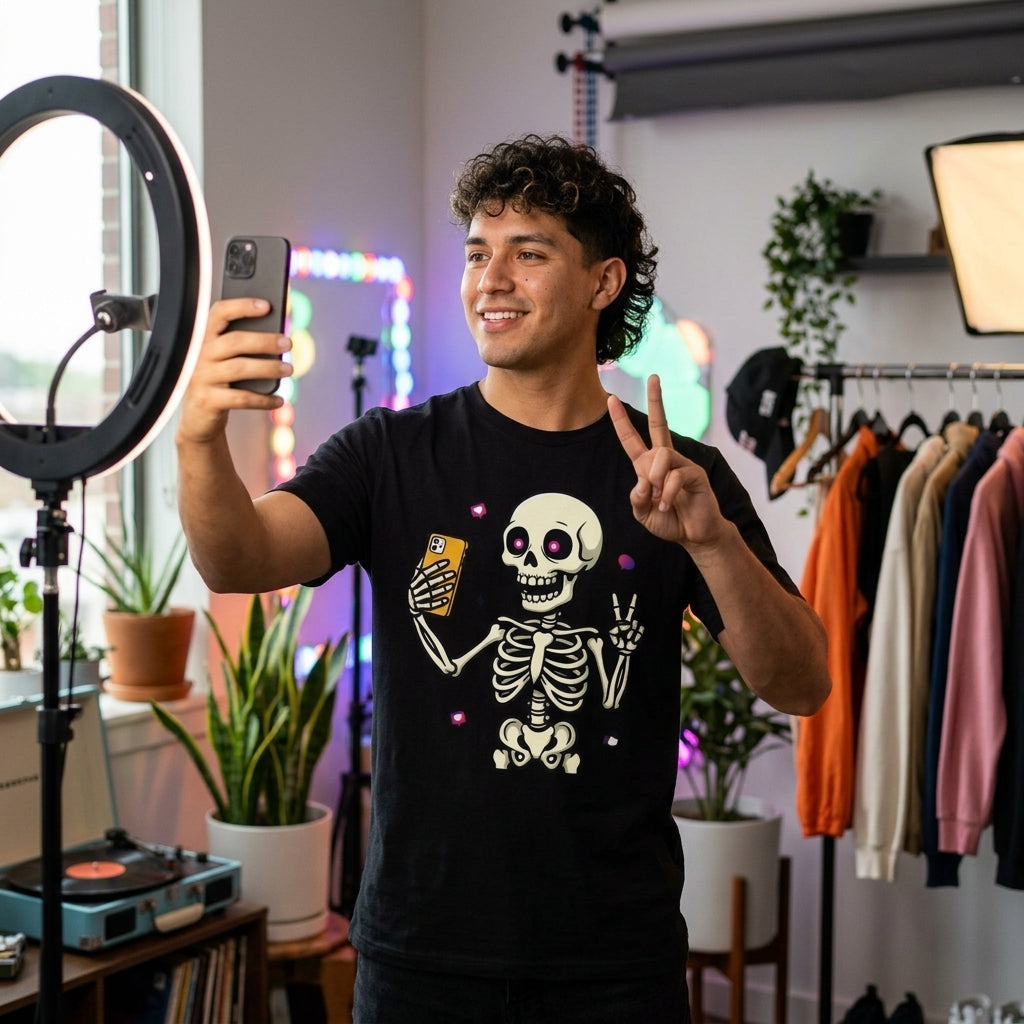 Skeleton Selfie T-Shirt | Funny Spooky Skull Halloween Graphic Tee