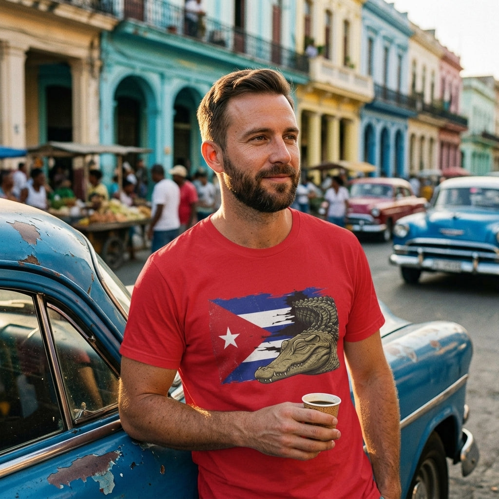 A man wearing a red graphic t-shirt with a Cuban flag and alligator design, standing in a street scene with vintage cars and colorful buildings.