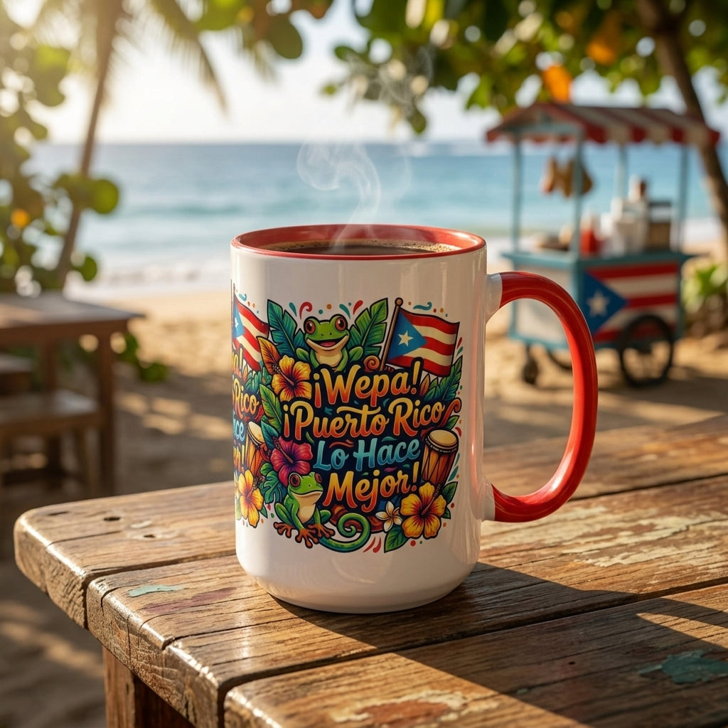 Wepa! Puerto Rico Lo Hace Mejor Accent Coffee Mug | Puerto Rican Flag, Coquí, Floral Design