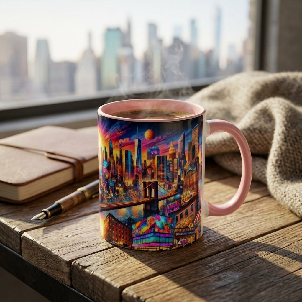 A pink ceramic mug with a colorful cityscape illustration sits on a wooden table next to a notebook, pen, and a beige knit blanket, with a blurred city skyline in the background.