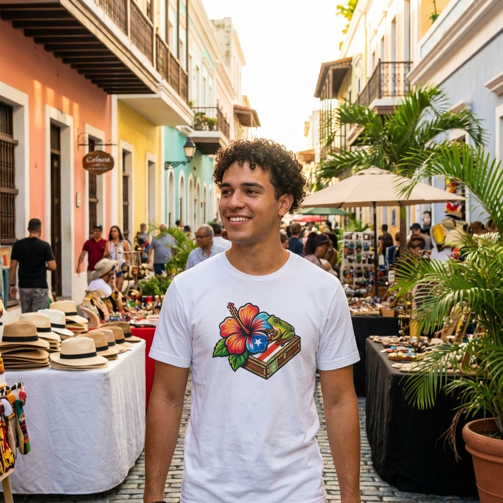 Man wearing a white t-shirt with a colorful graphic design in a lively street market.