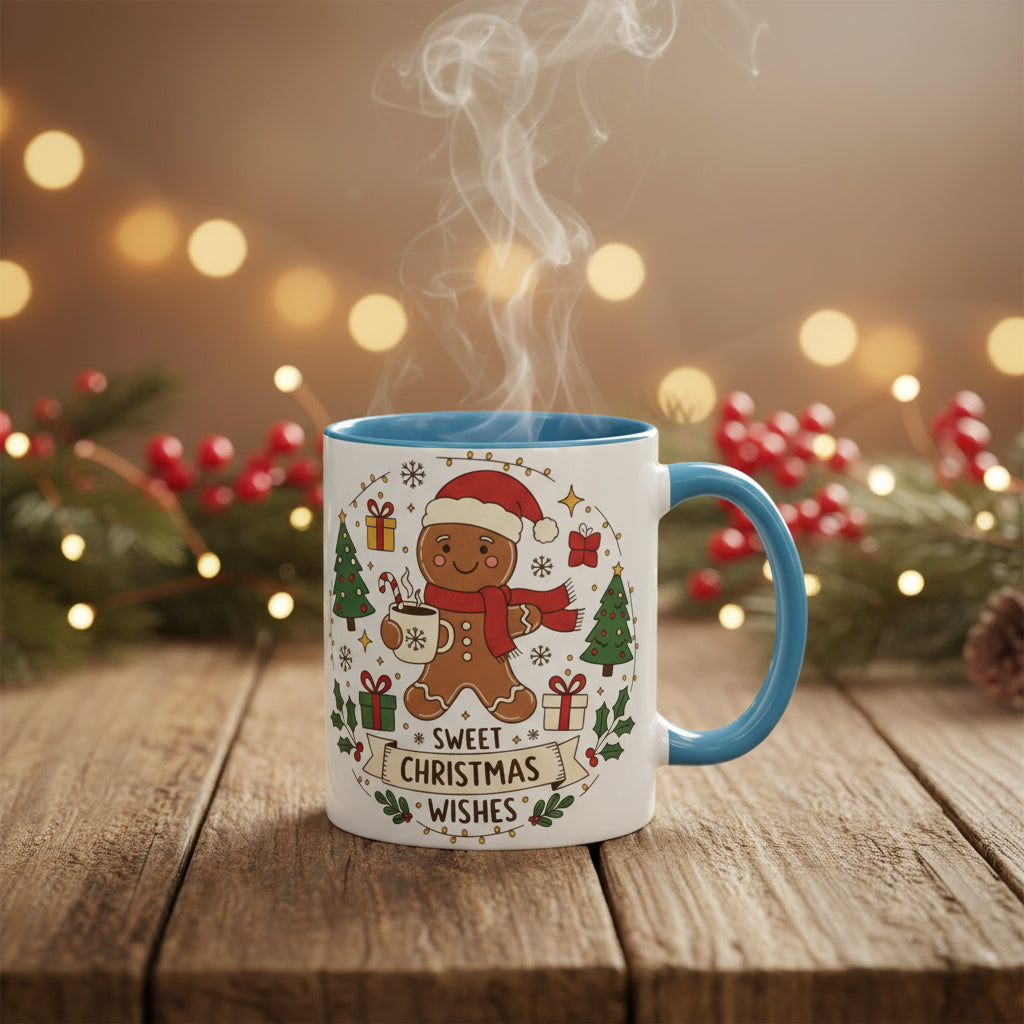 Christmas Gingerbread Mug - Festive Holiday Coffee Cup with Santa Hat Design
