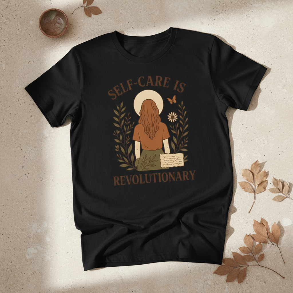 Self-Care Feminist Shirt - Boho Graphic Tee for Women, Retro Botanical Mental Health Gift