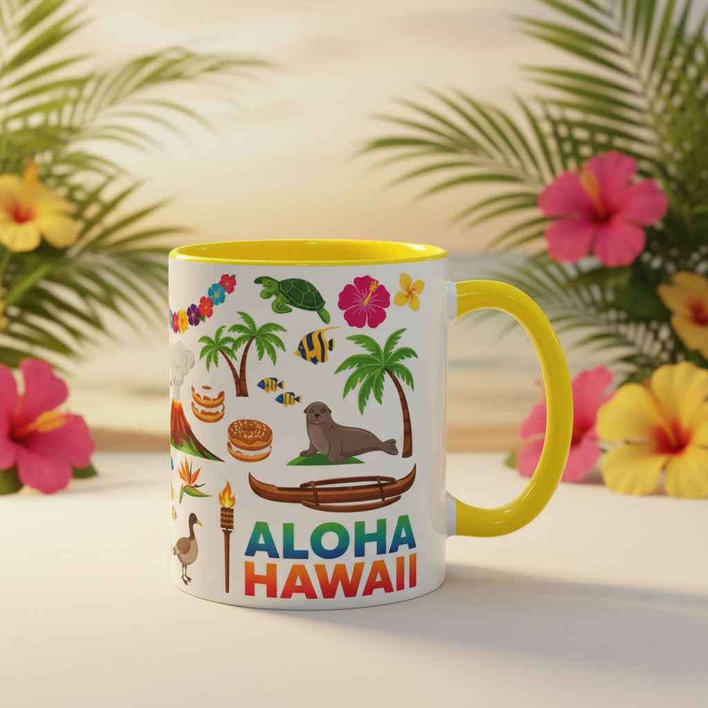 Aloha Hawaii Accent Coffee Mug – Tropical Island Surf & Palm Tree Design