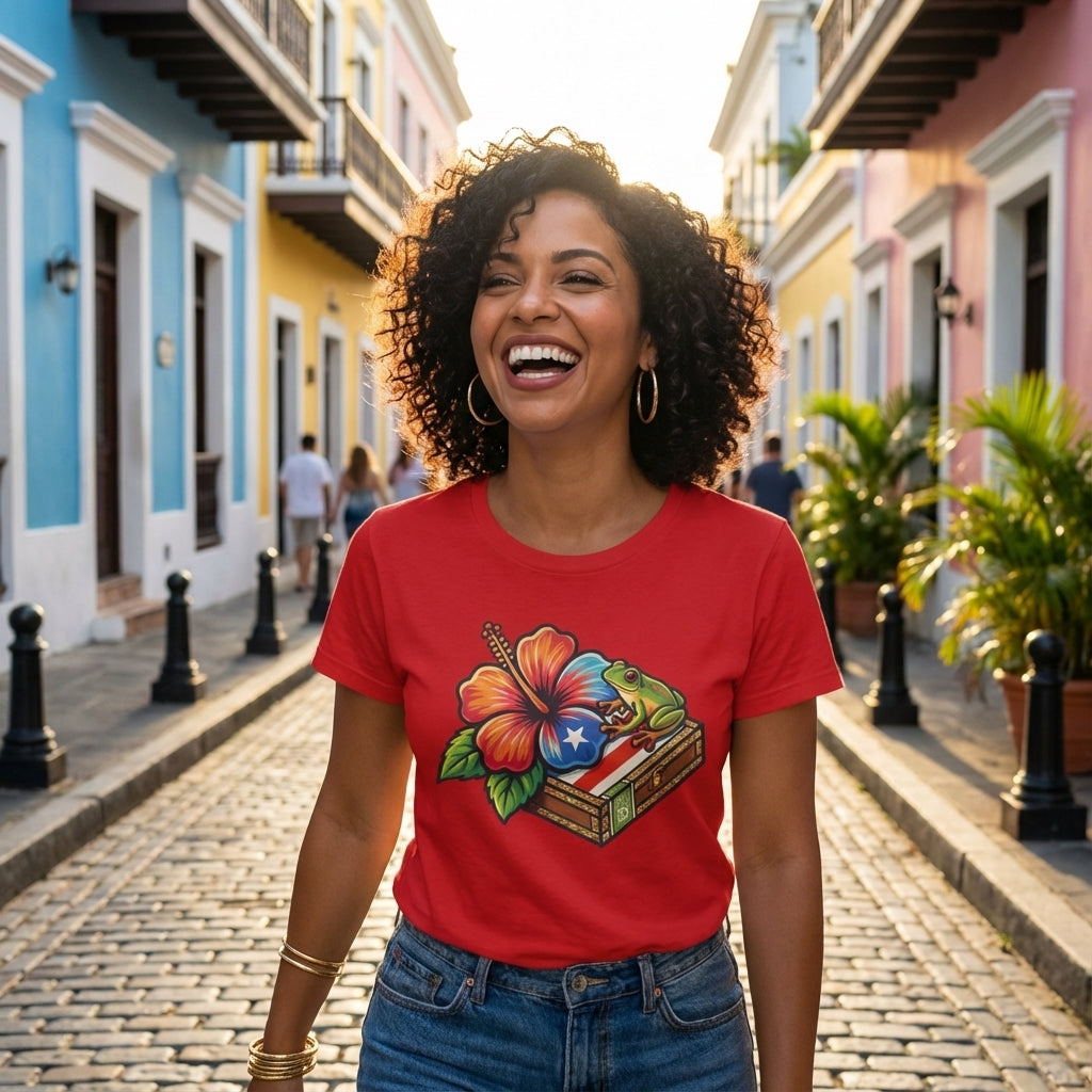 Woman wearing a red t-shirt with a colorful design on a street in a colorful neighborhood.