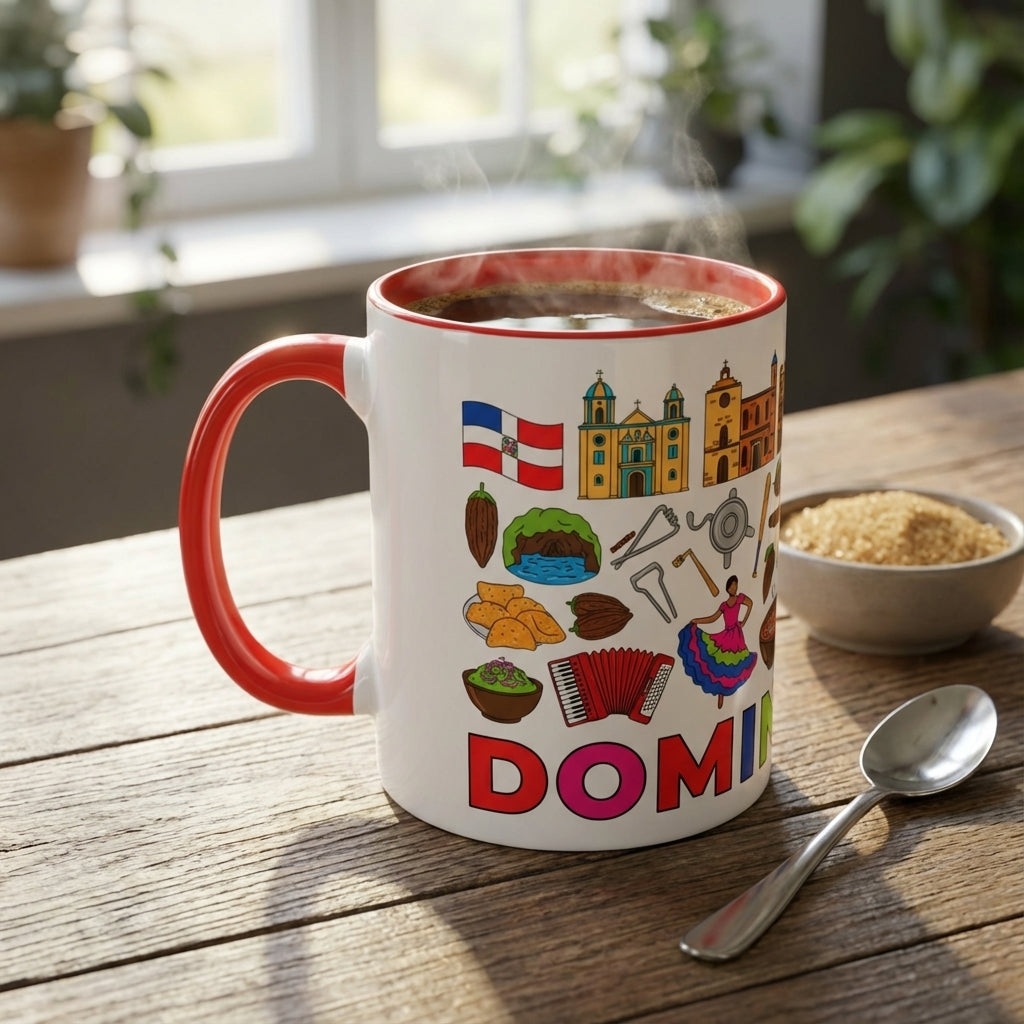 Mug with colorful designs and 'DOMI' text on a wooden table with a bowl of sugar and spoon.