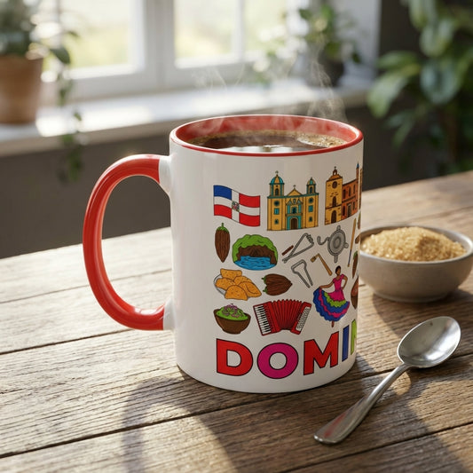 Mug with colorful designs and 'DOMI' text on a wooden table with a bowl of sugar and spoon.