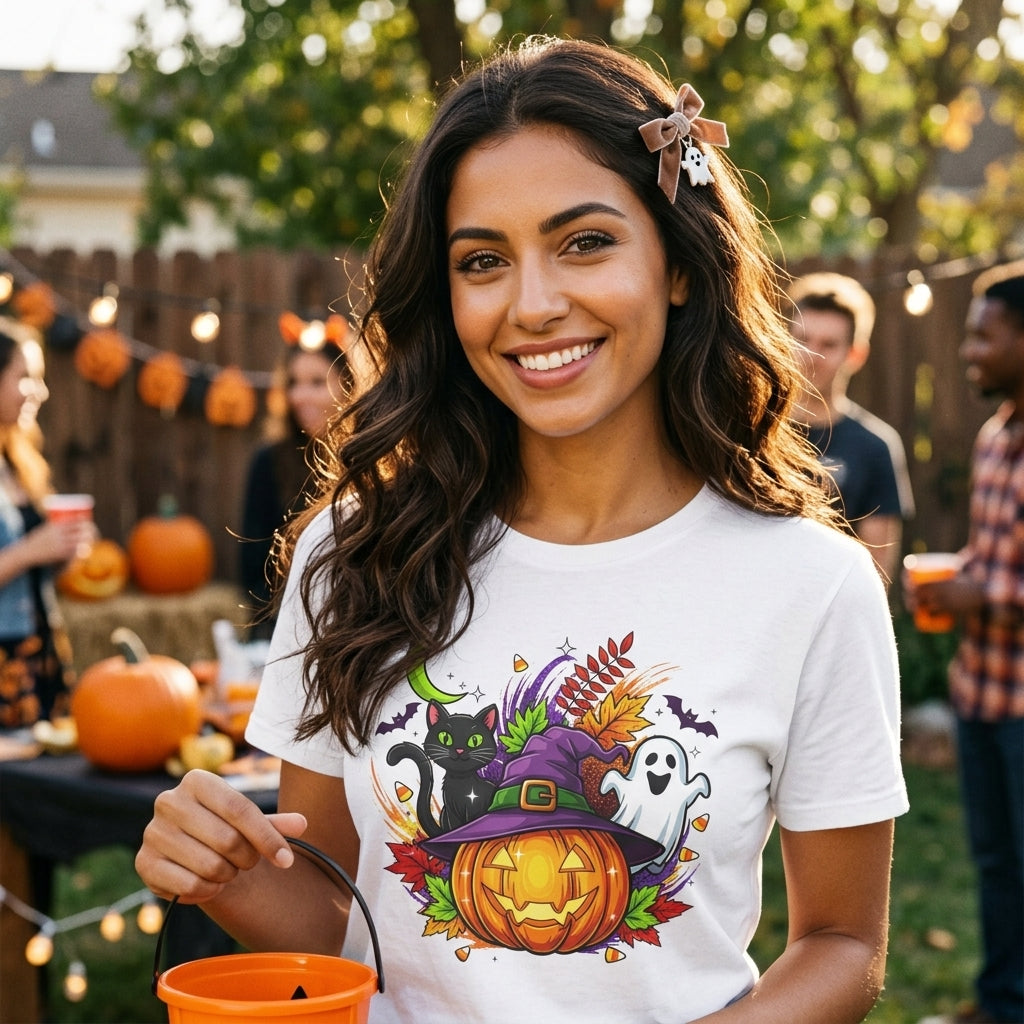 Halloween Graphic T-Shirt | Witch Hat Pumpkin Black Cat Ghost Spooky Tee