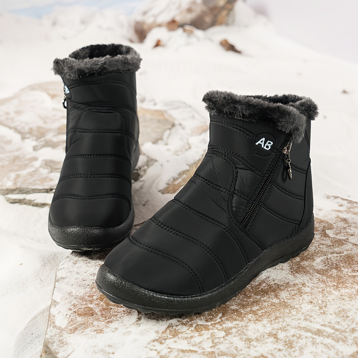 Women's Warm Ski Boots - Side-Zip Mid-Calf Winter Boots with Fleece Lining