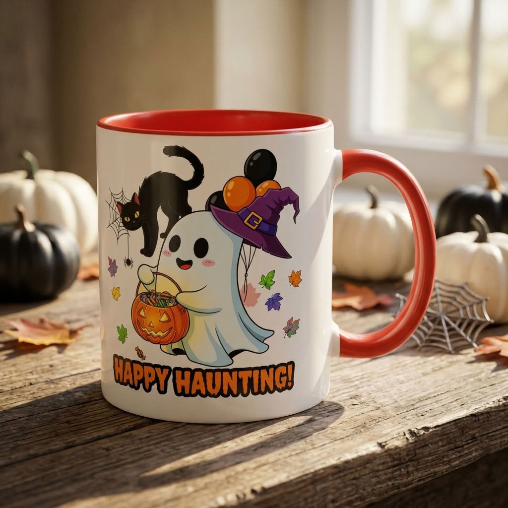 Happy Haunting! Halloween Ghost Coffee Mug | Ghost, Black Cat & Pumpkin Design | 11oz & 15oz