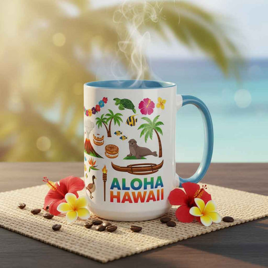 Aloha Hawaii Accent Coffee Mug – Tropical Island Surf & Palm Tree Design