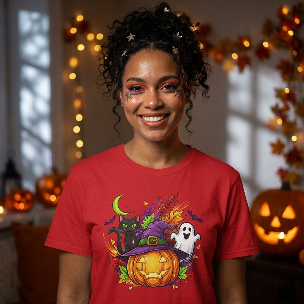 Halloween Graphic T-Shirt | Witch Hat Pumpkin Black Cat Ghost Spooky Tee
