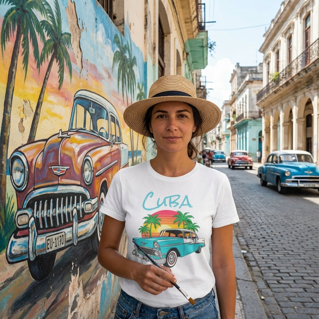 Woman wearing a 'Cuba' t-shirt with a mural of a vintage car and palm trees on a wall.