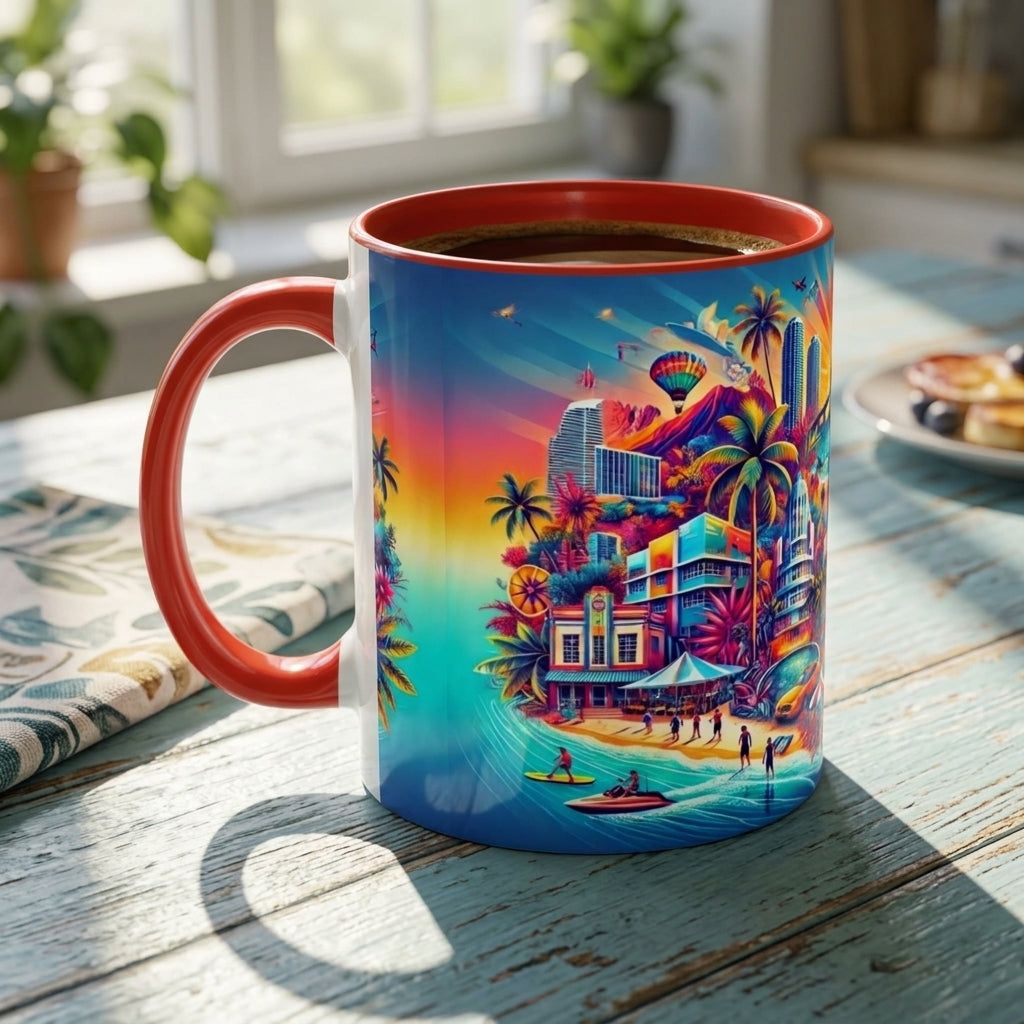 A colorful ceramic coffee mug with a red handle and rim, filled with coffee, sitting on a rustic wooden table in a bright kitchen setting. The mug features a vibrant, detailed tropical beach illustration with palm trees, beach houses, and a sunset sky.