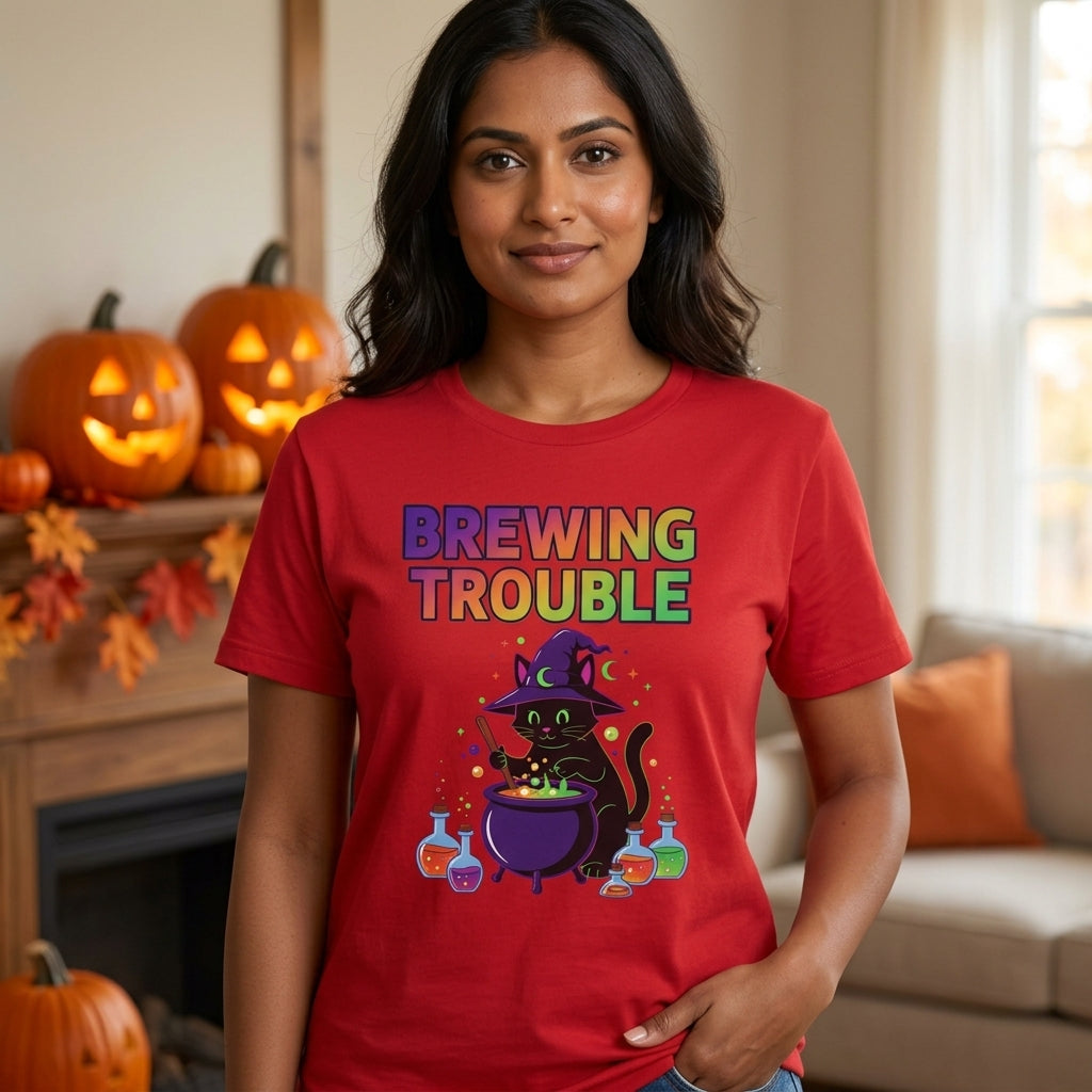 Brewing Trouble T-Shirt | Cute Witch Cauldron Halloween Graphic Tee