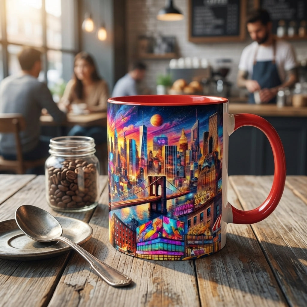 A ceramic coffee mug with a red handle and red interior, featuring a colorful, vibrant city skyline illustration, set on a rustic wooden table in a blurred cafe environment.