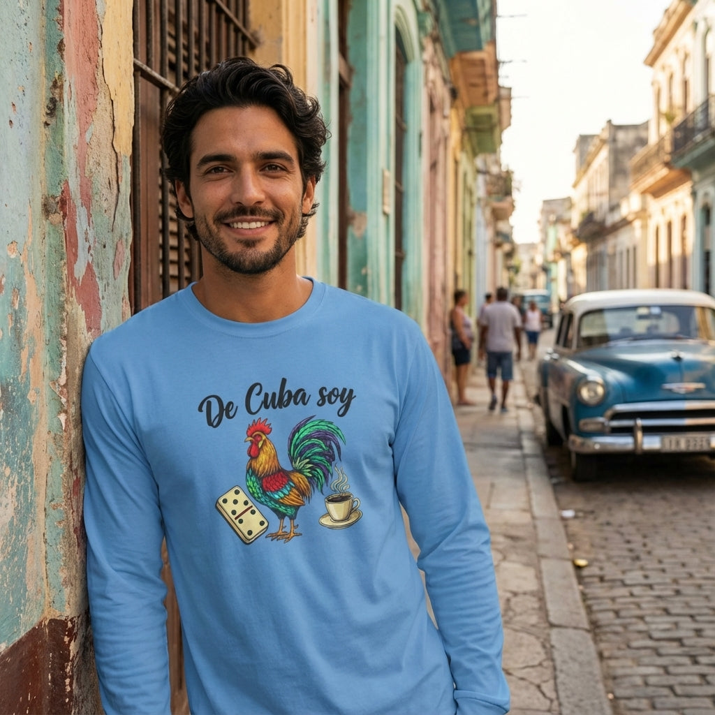 Man wearing a blue shirt with a rooster design in an urban street setting