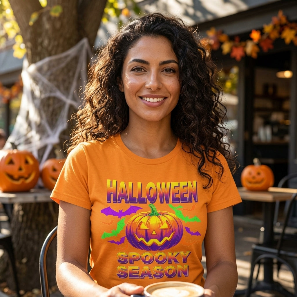 Retro Halloween T-Shirt | Neon Pumpkin & Bats 'Spooky Season' Tee | 80s/90s Style