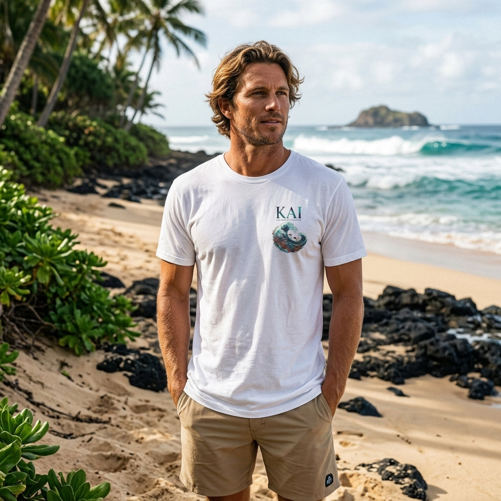 A man standing on a sandy beach wearing a white short-sleeve t-shirt with a green and blue graphic on the left chest and khaki shorts, with palm trees and ocean waves in the background.