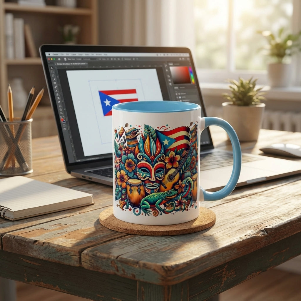 Colorful mug with intricate designs on a wooden desk next to a laptop displaying a flag.