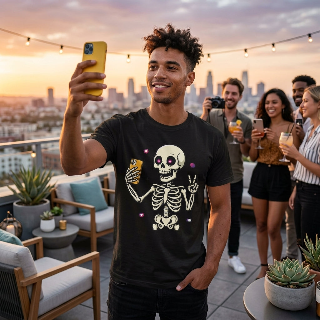 Skeleton Selfie T-Shirt | Funny Spooky Skull Halloween Graphic Tee