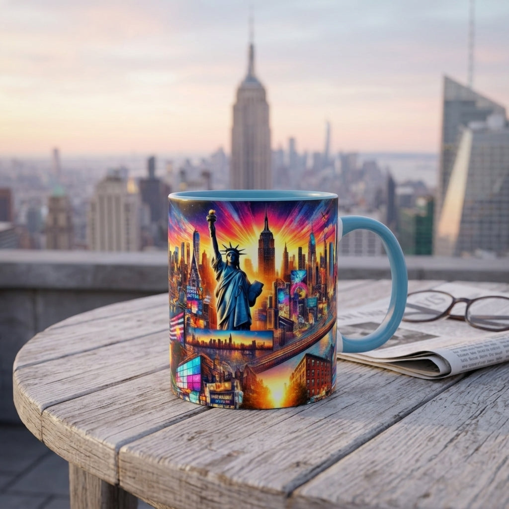 A ceramic mug with a colorful New York City skyline print featuring the Statue of Liberty and Empire State Building, set on a wooden table with a newspaper and eyeglasses in front of a blurred city skyline at sunset.