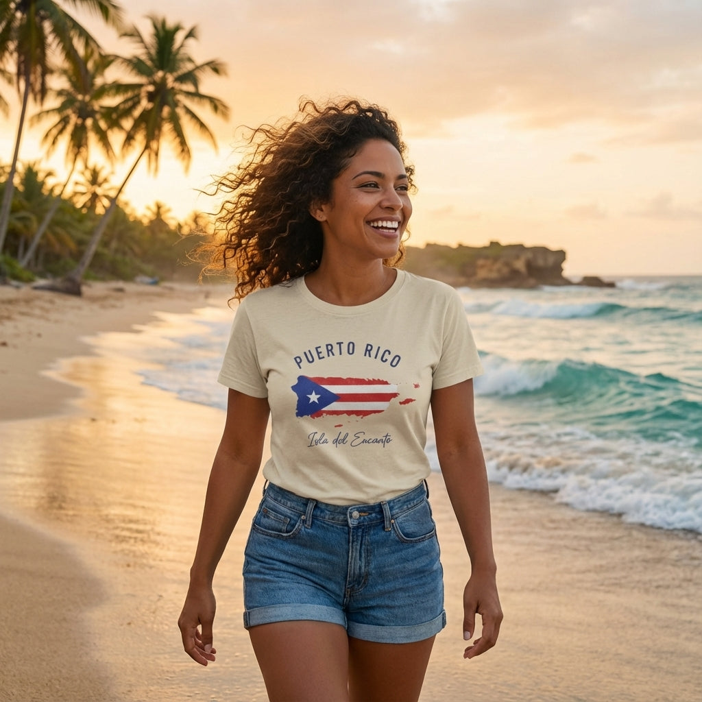 Woman wearing a 'Puerto Rico' t-shirt on a beach at sunset