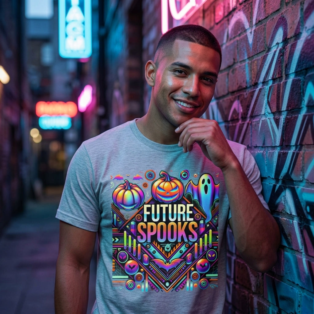 A man wearing a light gray t-shirt with a colorful 'FUTURE SPOOKS' graphic print, posing in a nighttime alleyway with neon lights and a brick wall.