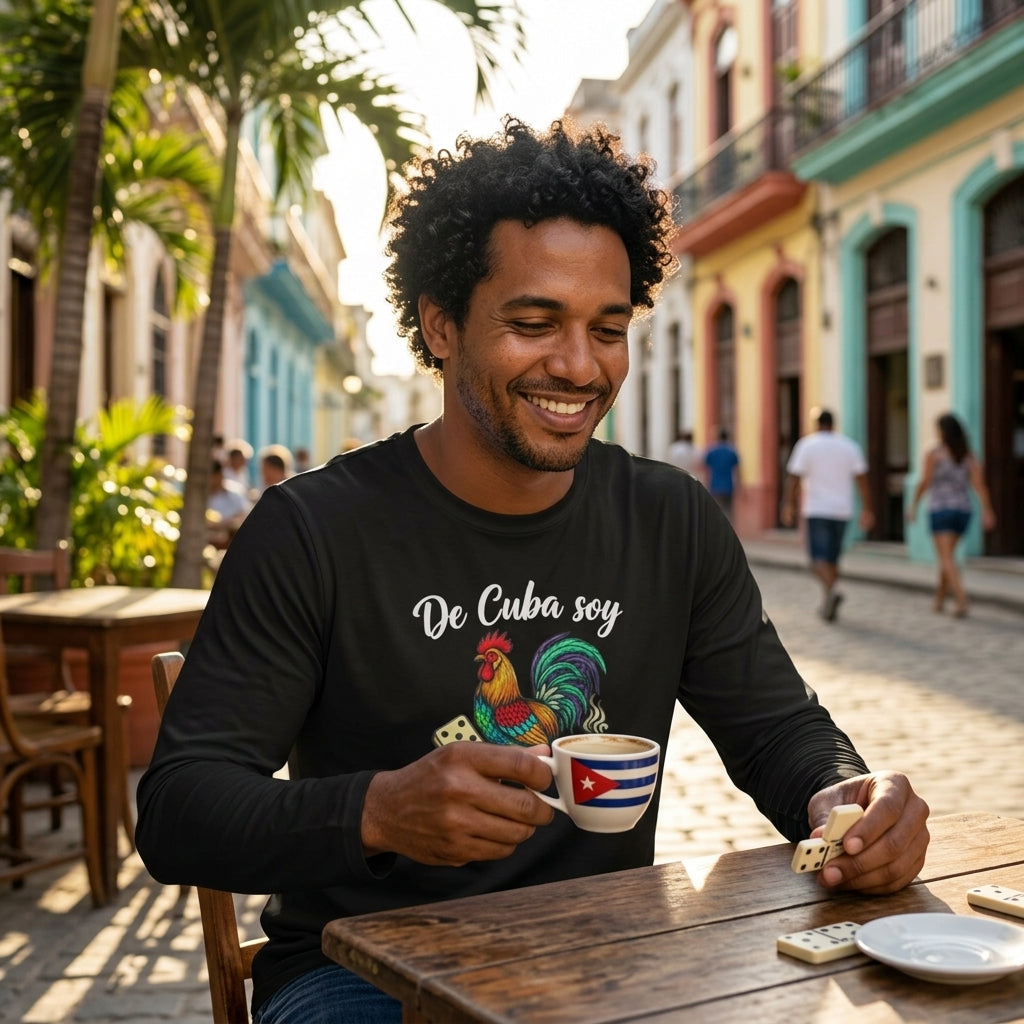De Cuba Soy Long Sleeve Tee - Cuban Cultural Long Sleeve Tee with Rooster, Domino, and Coffee Design