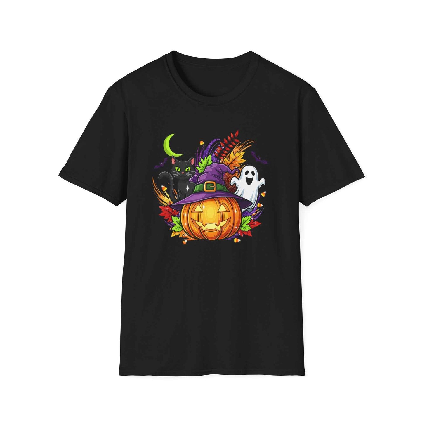 Halloween T-Shirt, Witch Hat Pumpkin, Black Cat and Ghost